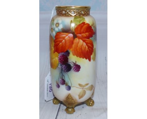 A Royal Worcester vase with pierced neck and scroll feet, decorated with blackberries, signed K Blake, 5¾"