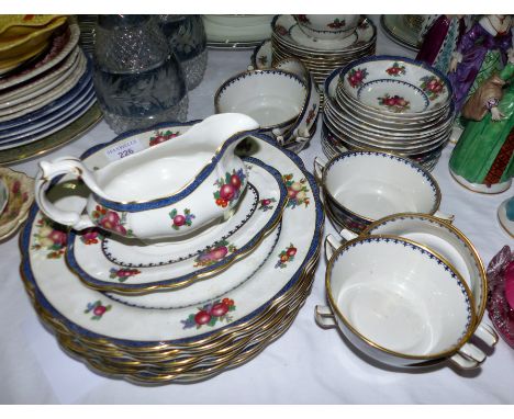 A Booth's colour transfer dinner service, fruit pattern with blue/gilt border; a Japanese tea set; etc.