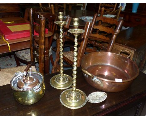 A pair of brass barley twist candlesticks; a large copper pan; a brass pot; a copper teapot