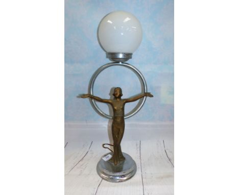A 1920's Art Deco chromed table lamp with flapper girl, 22"