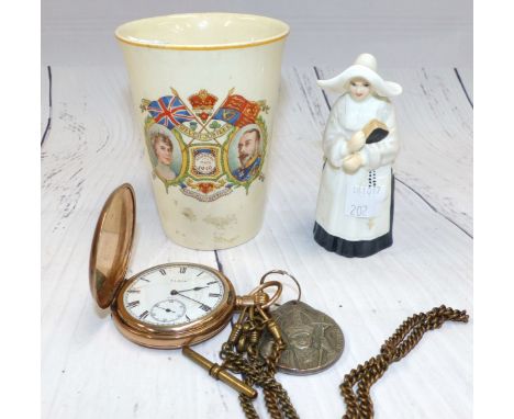 A Royal Worcester Nun candle snuffer; a Royal Commemorative beaker; a gold plated keyless hunter pocket watch on chain