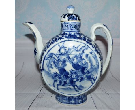 A Chinese moon flask shaped teapot with blue and white decoration and panels with warriors on horseback, height 8" (slight ch