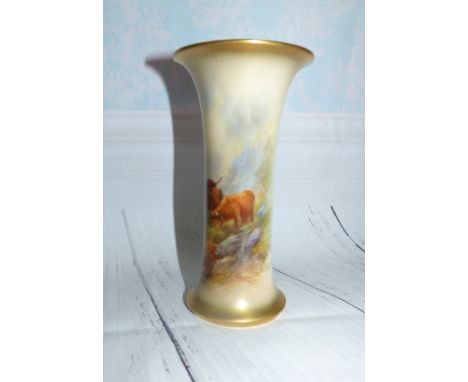 A Royal Worcester waisted cylindrical vase decorated with highland cattle, signed H Stinton, 6"