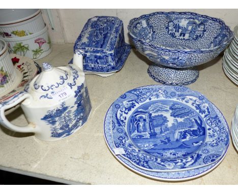 A William Adams Chinese pattern blue & white pedestal bowl; a Mason's willow teapot; a Copeland's Spode cheese dish; a select