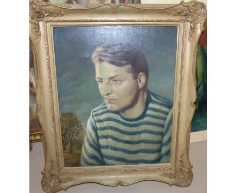 Arthur Mills:  a portrait oil on canvas of a man in striped pullover, signed, 20" x 16", framed
