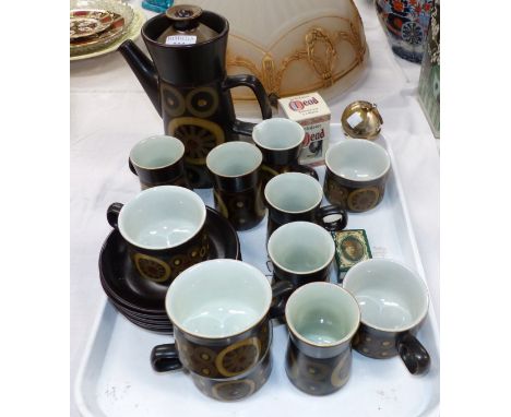 A Denby "Arabesque" part coffee set; 2 Churchill commemorative items; a globe table lighter; a vesta box holder