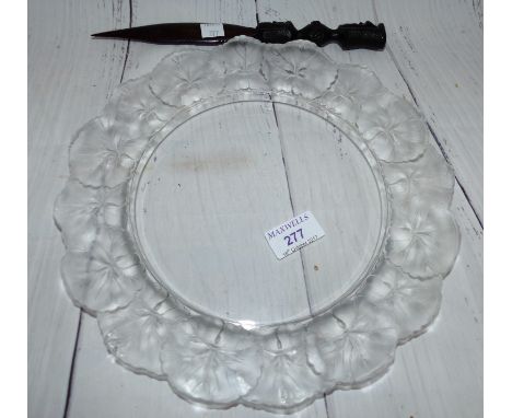 A French art glass circular dish decorated with moulded flowers,10¾"; an ebony letter opener