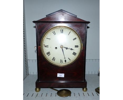 A 19th century mahogany cased mantel clock, applied ebony banding, ball feet, 17¾"