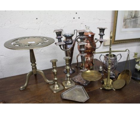 MISCELLANEOUS METALWARE TO INCLUDE a brass trivet, a three branch candelabra and a copper samovar  