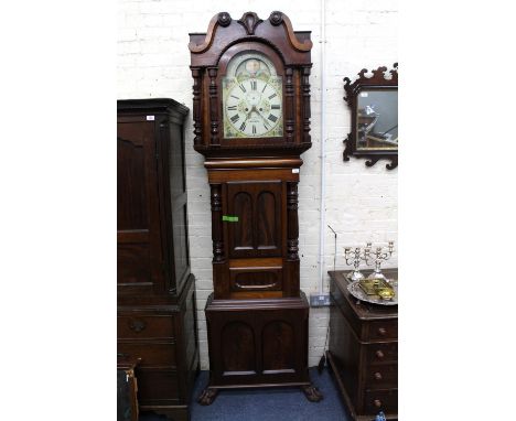 A LATE 19TH CENTURY LARGE SIZED LONG CASE CLOCK the painted dial with a sun and moon phase, Roman numerals, subsidiary second