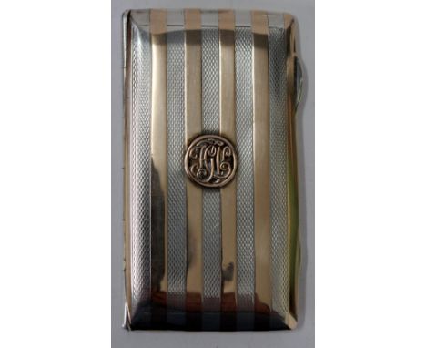A CHESTER SILVER AND BI-METAL BANDED ENGINE TURNED DECORATED VESTA CASE with engine turned decoration, monogram and silver gi