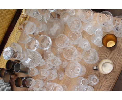 A QUANTITY OF CUT GLASS WARE silver topped decanter and a group of silver plated tankards