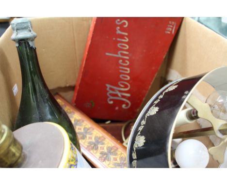 MISCELLANEOUS ITEMS TO INCLUDE a brass table lamp, a continental pottery lamp, an empty bottle of Don Perignon vintage champa