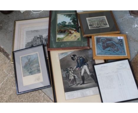 A SELECTION OF ANTIQUARIAN PRINTS, PICTURES AND ENGRAVINGS a selection of watercolours, cards, wall art piece, signed prints 
