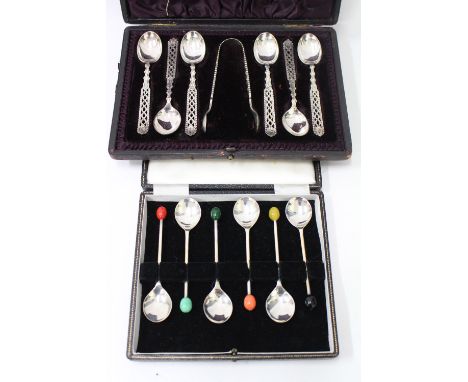 A SET OF VICTORIAN SHEFFIELD SILVER TEA SPOONS and a set of sugar tongs in case and a boxed set of six Birmingham silver coff