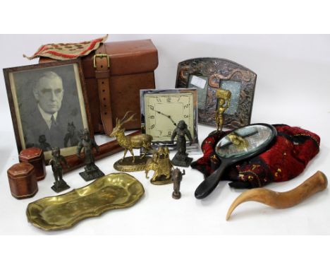 A QUANTITY OF MISCELLANEOUS ITEMS to include a chrome plated art deco style desk timepiece, a cast brass model of stag, an Or