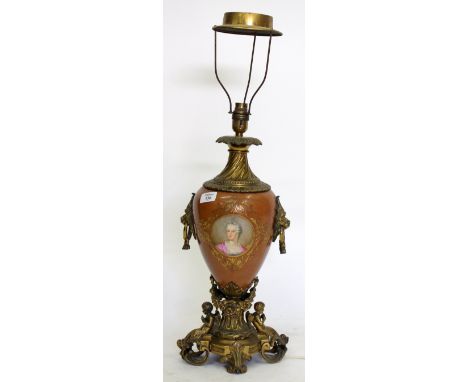 A LATE 19TH CENTURY CONTINENTAL PORCELAIN AND GILT METAL LAMP BASE of baluster form and having hand painted classical decorat