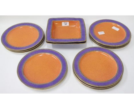 AN EDWARDIAN ROYAL WORCESTER POWER PURPLE AND ORANGE DECORATED PART DESSERT SERVICE consisting on twelve plates, each 22cm di