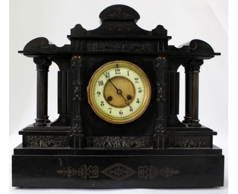 A LATE 19TH CENTURY BLACK SLATE MANTEL CLOCK  with white enamel dial, 45cm x 40cm 