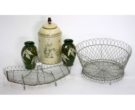 TWO GREEN PAINTED WIREWORK BASKETS or planters, a pair of green pottery Branham vases with painted leaf decoration and a pain