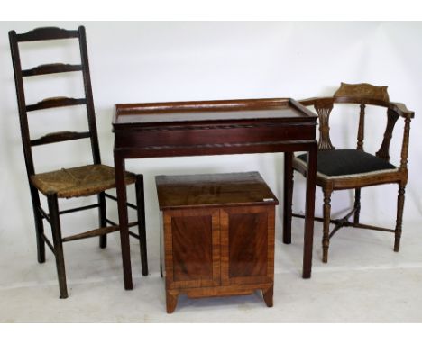 A 19TH CENTURY MAHOGANY COMMODE 46cm wide together with an Edwardian corner chair, a ladder back chair and a tray top table (