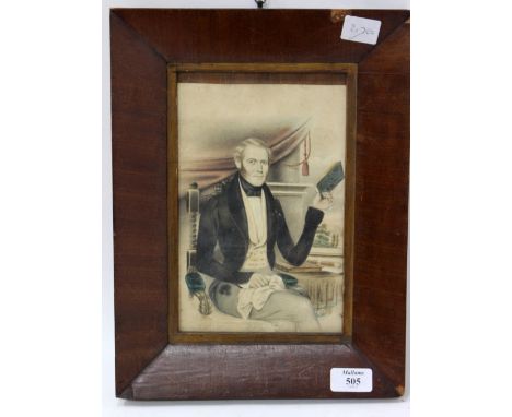 ENGLISH SCHOOL (EARLY 19TH CENTURY) Portrait of a gentleman seated with books and cane beside a window, indistinctly inscribe