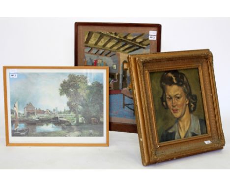 AN EARLY 20TH CENTURY TAPESTRY FIRE SCREEN a John Constable print and a 20th century English school unsigned oil on canvas po
