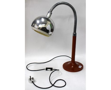 A BROWN PAINTED AND CHROME DECORATED RETRO TABLE LAMP with adjustable arm, approximately 68cm high 