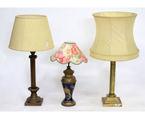 AN OLD BRASS TABLE LAMP  of fluted column form, approximately 56cm high together with two further table lamps (3)