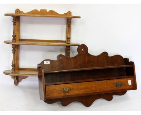 A VICTORIAN HARDWOOD SHIPS HANGING SHELF with insets for bottles and with single drawer, 68cm wide; together with a satin bir