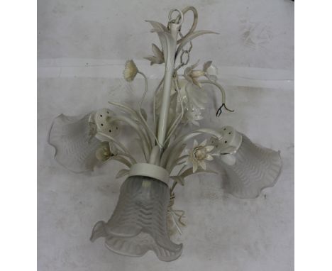 A WROUGHT METAL BEDROOM CEILING LIGHT with moulded glass shades, originally from Casa Pupo, 57cm approximately