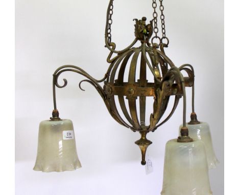 A LATE 19TH CENTURY GILT METAL THREE BRANCH HANGING LIGHT FITTING of globe form with scrolling arms and three vaseline glass 