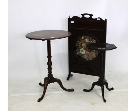 A 19TH CENTURY MAHOGANY TRIPOD OCCASIONAL TABLE with a circular top, 54cm diameter; a mahogany octagonal tripod table and a f