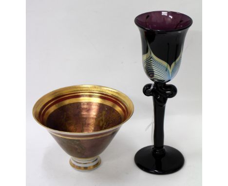 A PURPLE STEM GLASS by Rowland Correia, 26cm in height; and a studio pottery bowl, 16cm diameter (2)