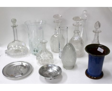 A SANG DE BOEUF GLAZED TABLE LAMP together with a group of decanters, a Denby vase and further items