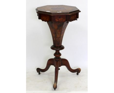 A VICTORIAN OCTAGONAL WALNUT WORK TABLE with inlaid top and tripod base, 42cm wide