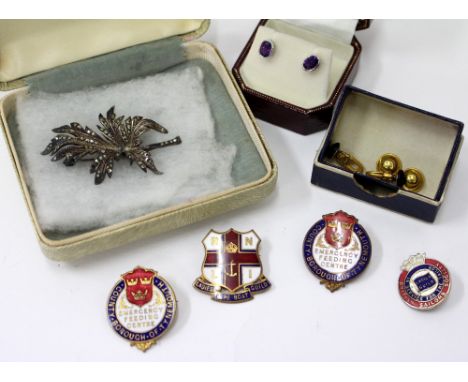 A SILVER AND MARCASITE LEAF BROOCH a pair of 9ct white gold and amethyst earrings, shirt and collar studs, four enamel on gil
