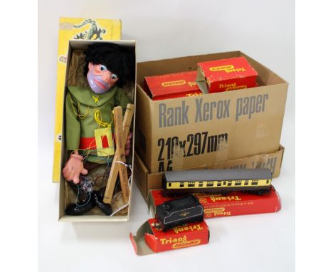 A TRI-ANG TIN PLATE TRAIN SET  some with original boxes and a boxed Pelham puppet 'The Giant'