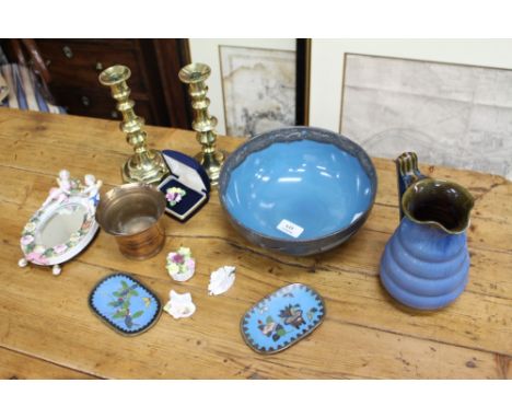A 19TH CENTURY CARLTONWARE BOWL painted in blue lustre with applied metal mounts, four porcelain ornaments to include a Coalp