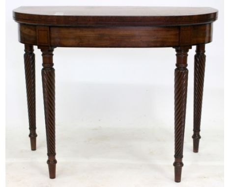 A REGENCY MAHOGANY D-SHAPED FOLD OVER CARD TABLE with rosewood cross banded decoration and cable twist decorated tapering leg