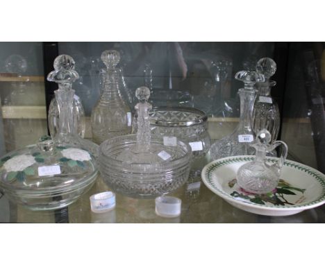 A PAIR OF CUT GLASS DECANTERS together with a further pair of decanters, a cut glass bowl etc