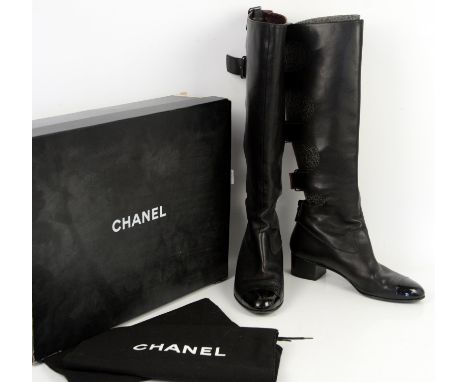 Iconic cut out black Chanel knee high boots with patent toecap and 4 buckles at back of calves, with dustbags , marked size 3
