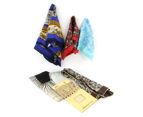 Large English Eccentrics silk scarf with Classical Archaeological motifs on a blue background, together with 3 Liberty head s
