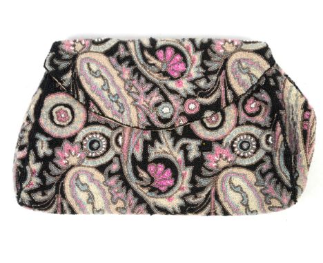 1920s/ 30s evening bags with floral motifs, one intricately beaded paisley pattern in pink, blue, off white and black, the ot