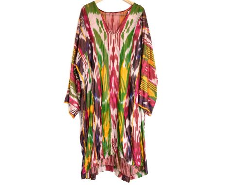 Ikat silk v neck long sleeved  Robe in reds, greens, blues and pink, a cotton robe with heavy embroidery on a deep red ground
