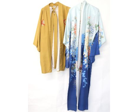 A contemporary full length Japanese silk Kimono in blue floral print with typical chrysanthemums and blossoms lined with whit
