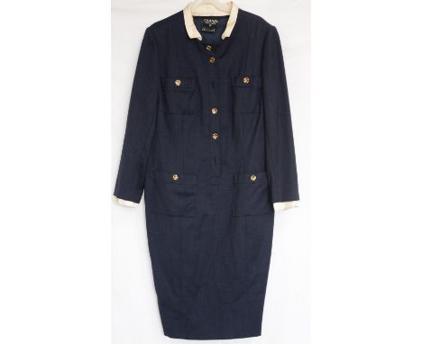 Chanel vintage navy blue dress possibly uniform for Creeds perfume, in wool gaberdine with classic 4 leaf clover logo buttons