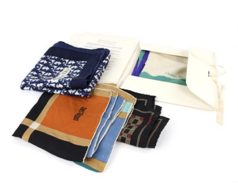 Christian Dior silk scarf in blues purples and greens, in original vintage packaging ,another in house monogram in navy blue 