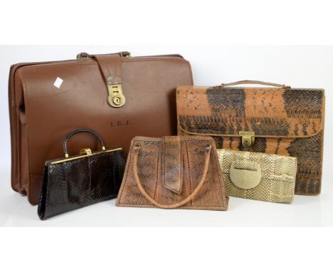 R & Y Agousti snakeskin handbag, Giemme of Italy snakeskin handbag, another, a snakeskin briefcase and a brown leather briefc