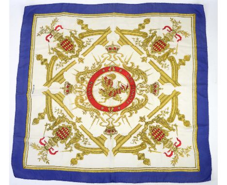 Iconic Hermes vintage silk Scarf "Deo Juvante" (with God's help) Monaco design on white background with blue border in 84cm x